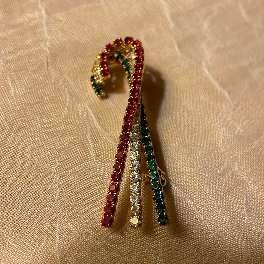 Candy Cane Pin Signed Otc. Triple Layers White, Green & Red Rhinestones